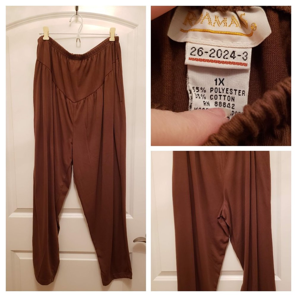 Brown yoke front knit pants tapered legs w/pocket